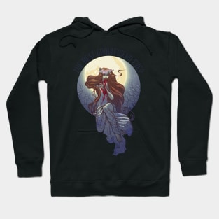 Halloween zimbie bride sitting on a grave stone in the moonlit forest over the graveyard. Hoodie